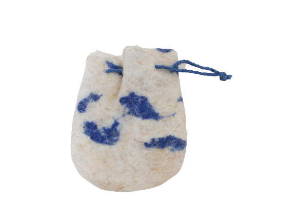 gant de toilette exfoliant en feutre de laine bleu et blanc